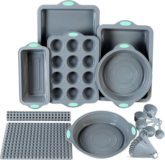 To encounter 8 in 1 Silicone Baking Set - 6 Cake Molds - 2 Silicone Baking Mat, Nonstick Cookie Sheet, Cake Muffin Bread Pan with Grips and Metal Reinforced Frame More Strength, Light Grey