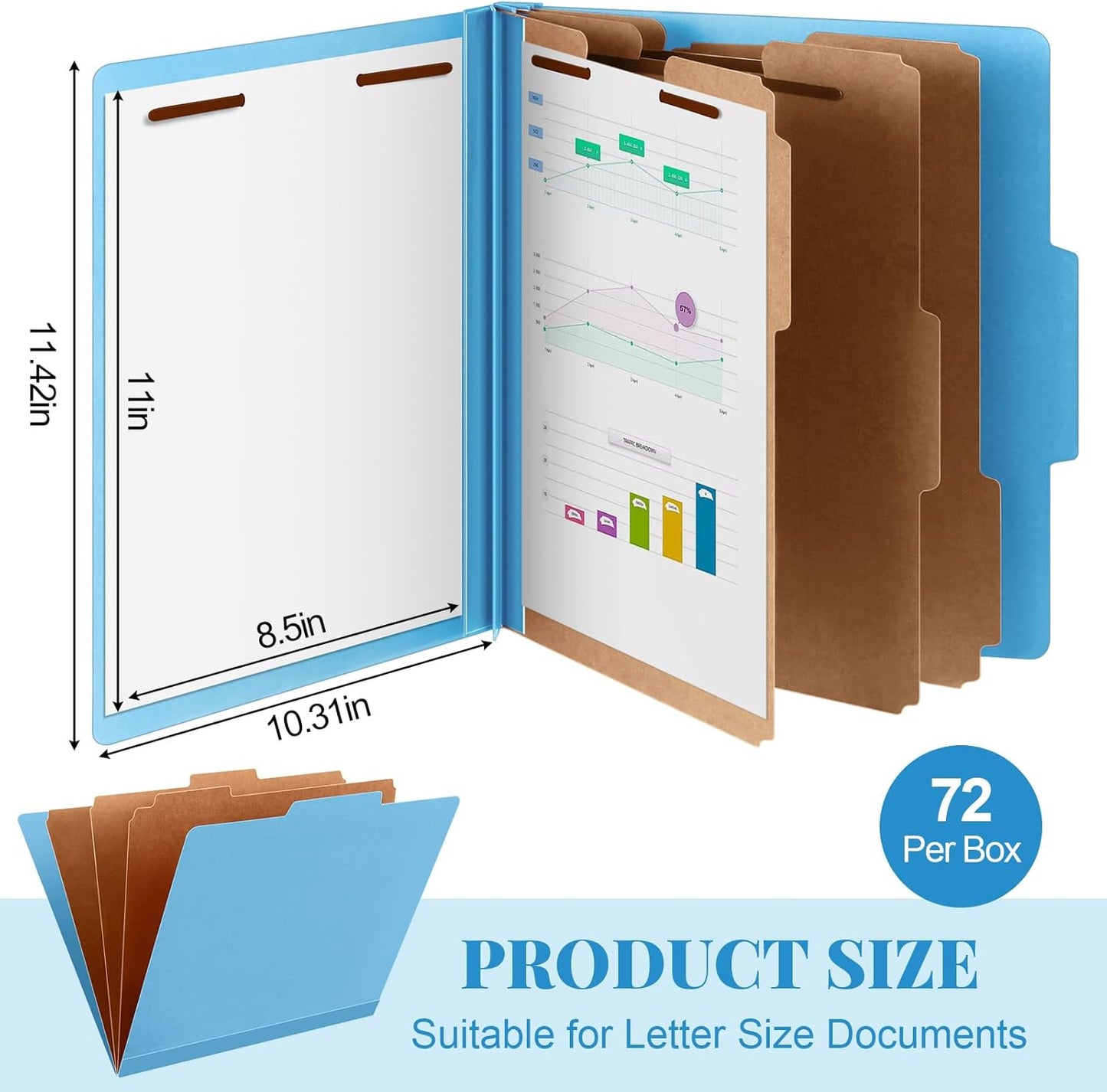 72 Pcs Classification Folders Letter Size, Back to School Supply for Teacher, Student, 3 Dividers Pressboard File Folder Bulk with 2 Fasteners, 3.5 Inch Expanding File Organizer (Blue)