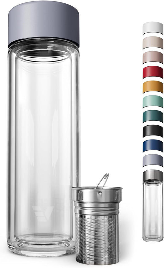 Glass Multi Tea Infuser Bottle 14oz - Double Wall Borosilicate Glass Flask | No Plastic Touches Contents | Perfect for Office or Home - Purple