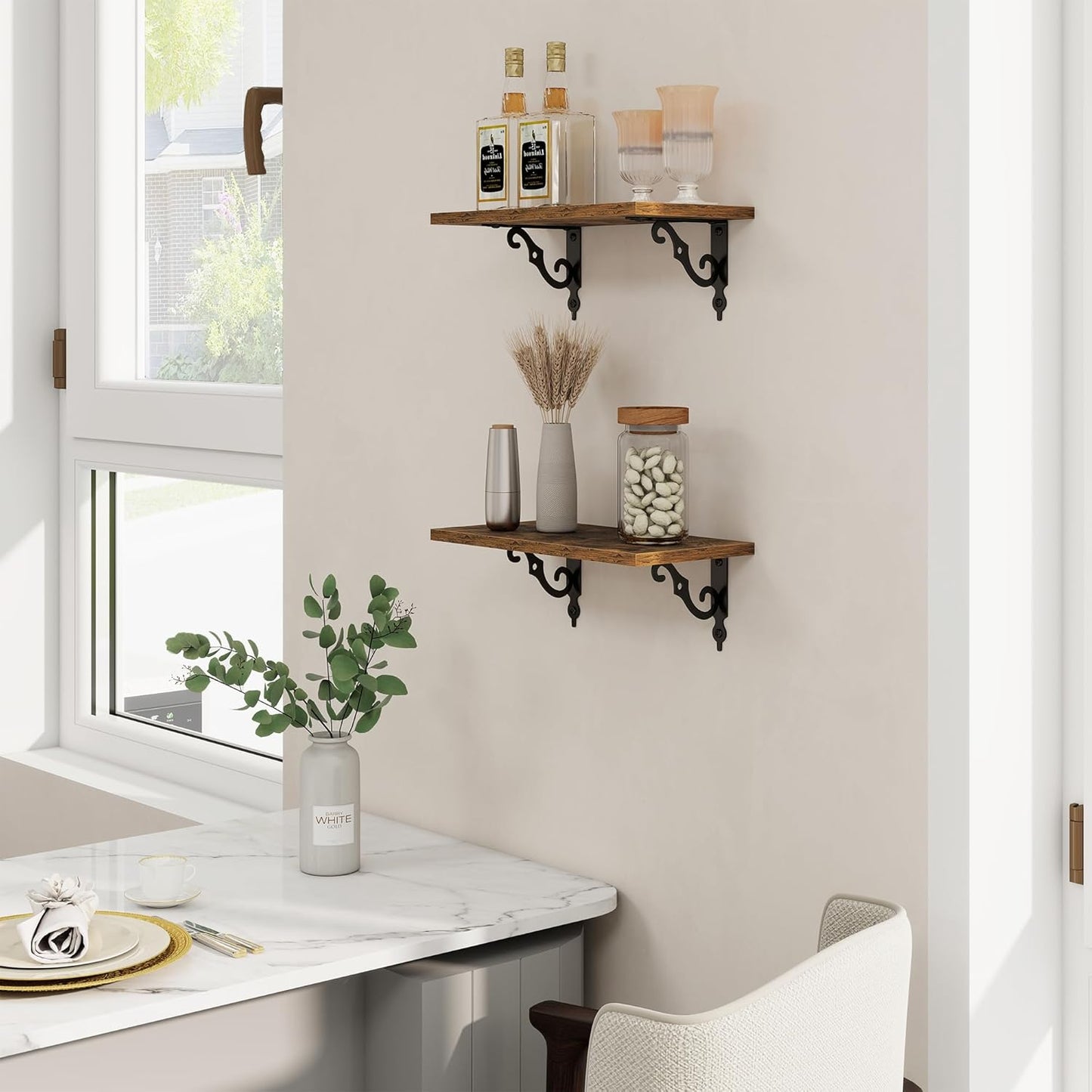 RICHFOCUS Floating Shelves for Wall Decor, 8 Inch Deep Floating Shelves Set of 2, 16W x 8D Shelves Wall Mounted with Metal Brackets, Wood Shelves for Living Room Bedroom Kitchen, Rustic Brown