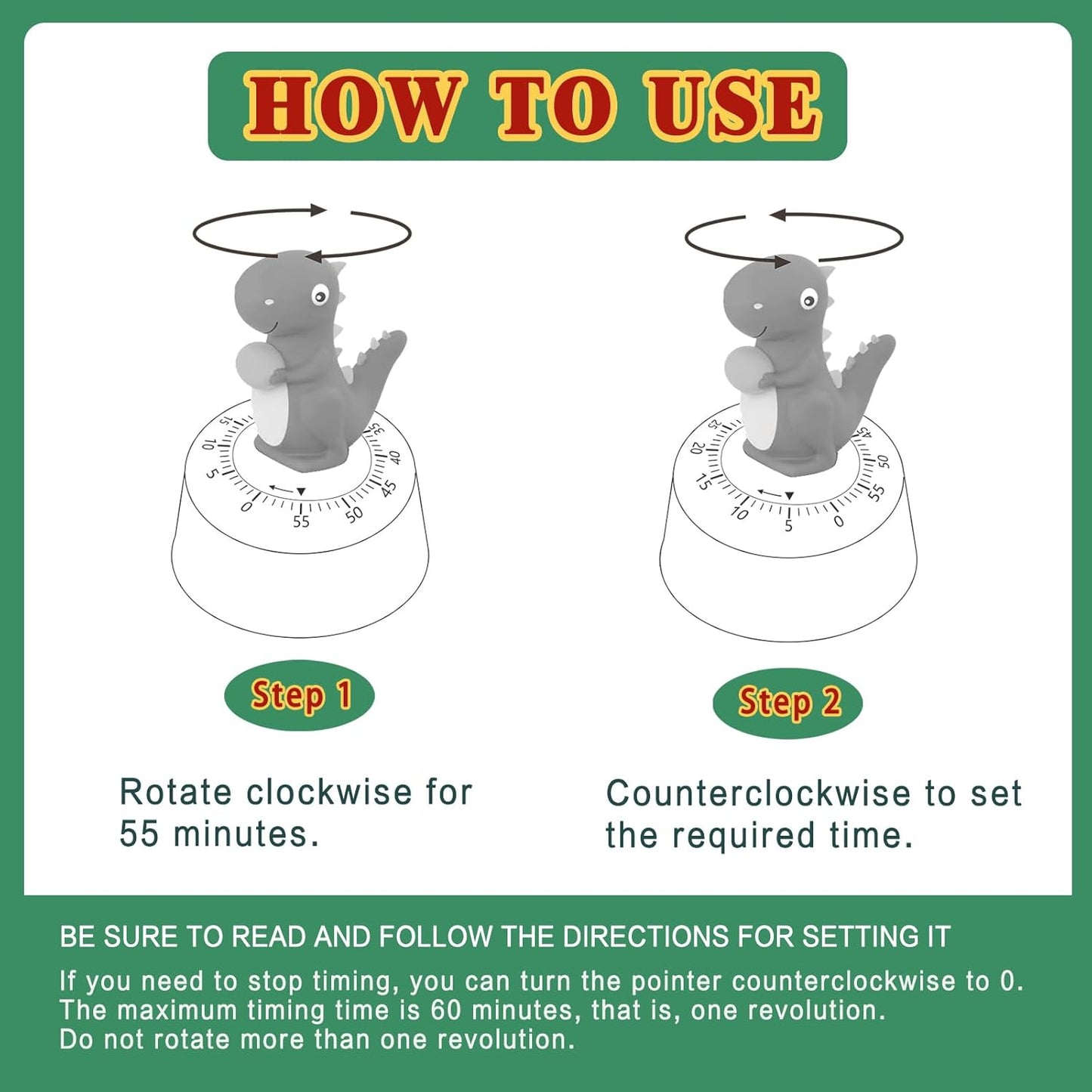 60 Minutes Mechanical Kitchen Timer,Cute Dinosaur Timer for Kids,Wind Up Egg Timer for Cooking,Reading,Classroom and Do Sports. (Dark Green)