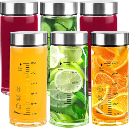 Glass Juice Bottles 6 Pack 12 oz - Wide Mouth Glass Water Bottles with Lids - for Juicing, Protein, Smoothie, Milk, Reusable, BPA Free, Stainless Steel Lids, Blender, Shaker Bottle (12oz/400ml)