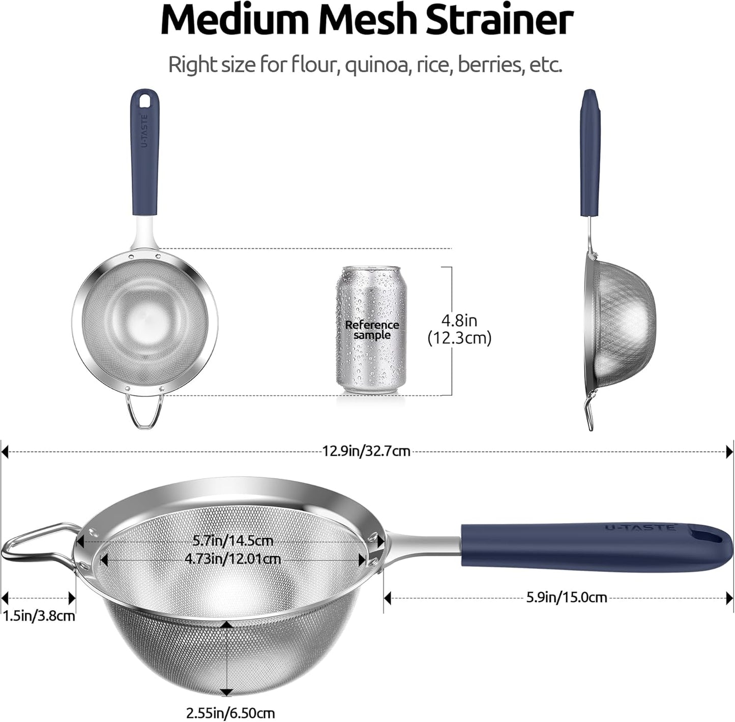 U-Taste Medium Fine Mesh Strainer: 18/8 Stainless Steel 4.73in 30 Mesh Kitchen Food Sieve with Sturdy Riveted Silicone Handle, Heavy Duty Deep Handheld Metal Colander for Rice, Quinoa(Midnight Blue)