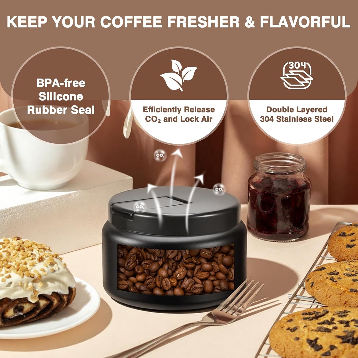 Coffee Canister, Premium Stainless Insulated Vacuum Steel Coffee Bean Storage Container Travel Jar, Kitchen Food Airtight Coffee Grounds Container for Tea, Sugar, Flour (13.5oz-Black)