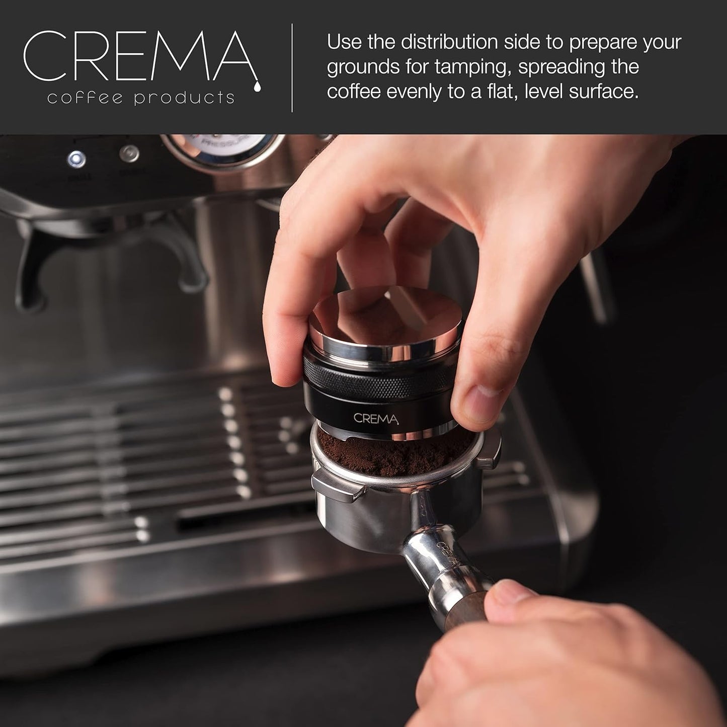 Crema Coffee Products 53.3mm Hand Tamper & Coffee Distributor | Compatible Compatible with Breville Portafilters| Double-Sided, Adjustable Depth Tool | Made with Durable 304 Stainless Steel | Black