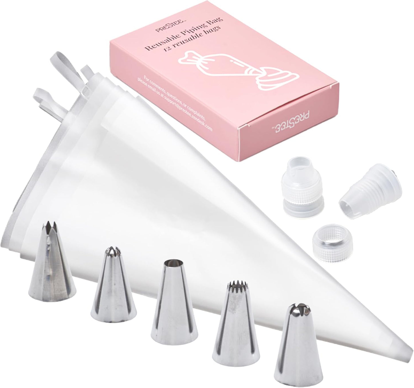 Prestee Reusable Piping Bags and Tips Set - 5 TPU 12-Inch Piping Bags with 5 Metal Icing Tips and 2 Couplers - Flexible and Durable Frosting Piping Kit for Cake Cupcake Cookie Decorating - Transparent