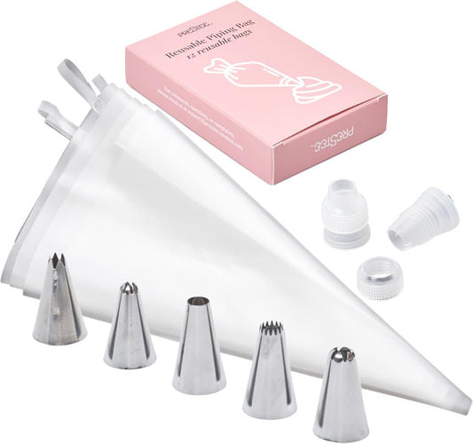 Prestee Reusable Piping Bags and Tips Set - 5 TPU 12-Inch Piping Bags with 5 Metal Icing Tips and 2 Couplers - Flexible and Durable Frosting Piping Kit for Cake Cupcake Cookie Decorating - Transparent