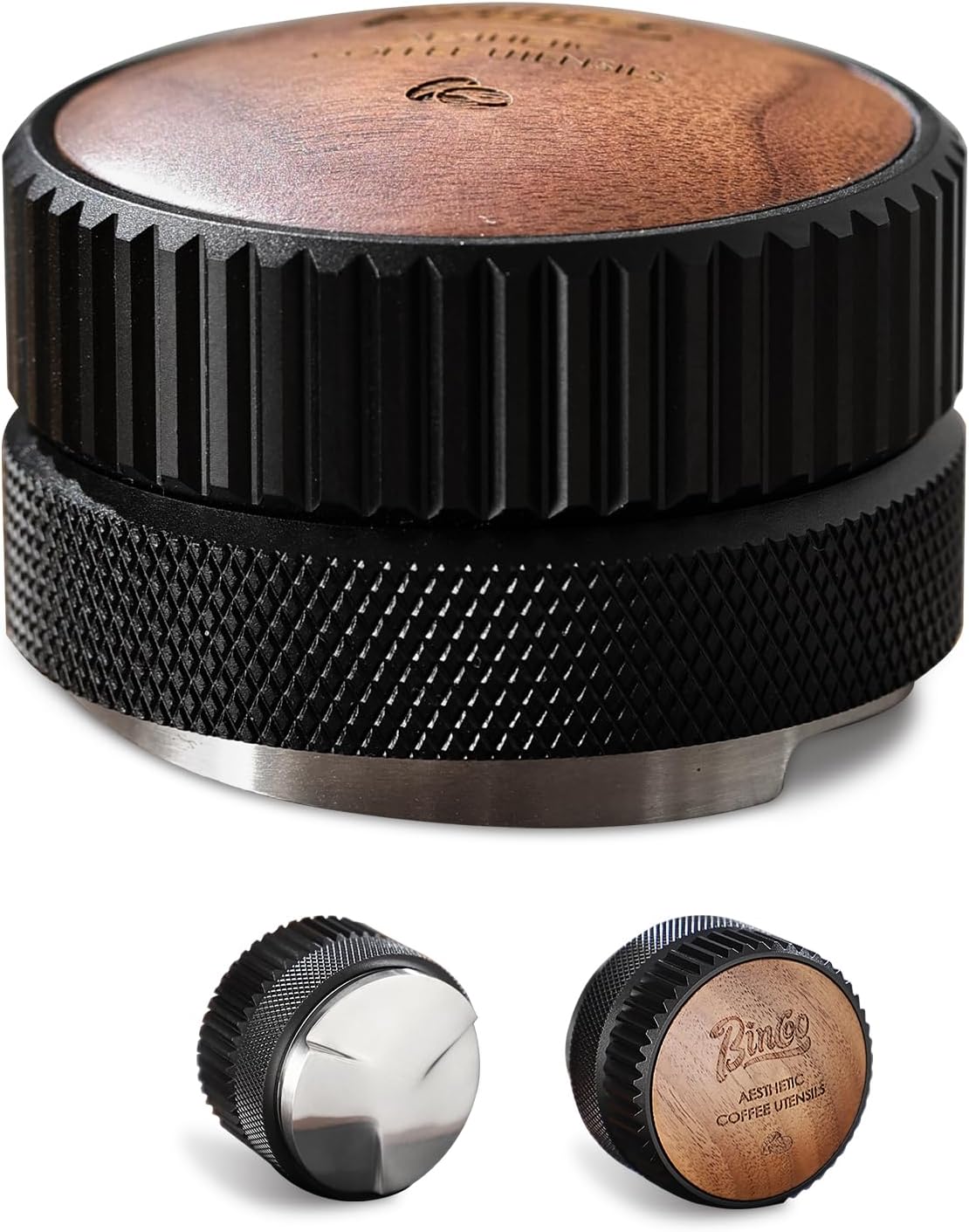 Bincoo 51mm Espresso Distributor Hand Tamper - Adjustable Coffee Leveler Tool for 51mm Portafilter, Walnut Wood Lid, 3-Slope Base Adjustable Depth Espresso Distributor for Barista