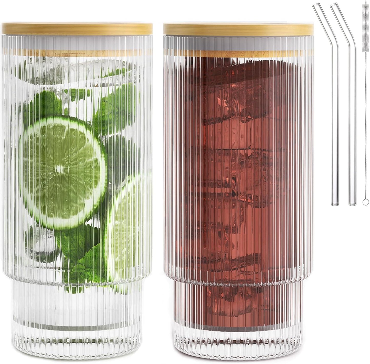 16OZ Ribbed Glass Cups with Lids and Straws,Iced Coffee Cups with Bamboo Lid,Vintage Glassware for Whiskey Cocktail Beer Fruit Juice Glasses Tumbler(2 Pack)