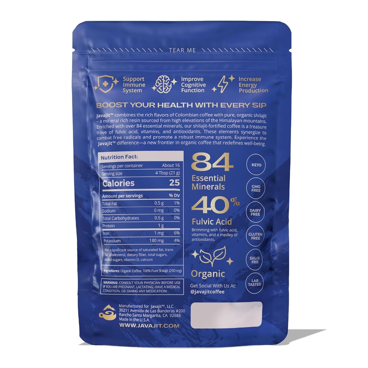 Colombian Coffee with Shilajit – Medium Roast Organic Ground Coffee, Energy & Immunity Boost, 250mg Himalayan Shilajit per Serving, 16 Servings