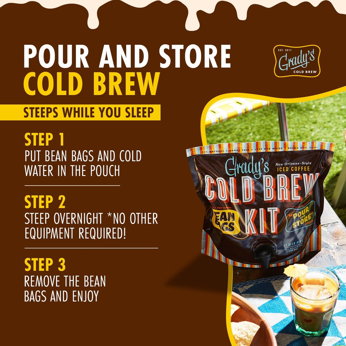 GRADY’S COLD BREW, New Orleans Style, 100% Arabica Ground Coffee & Chicory Pouches, All-in-One Cold Brew Kit with 12 Easy-to-Brew Beans Bags, Makes 36 drinks