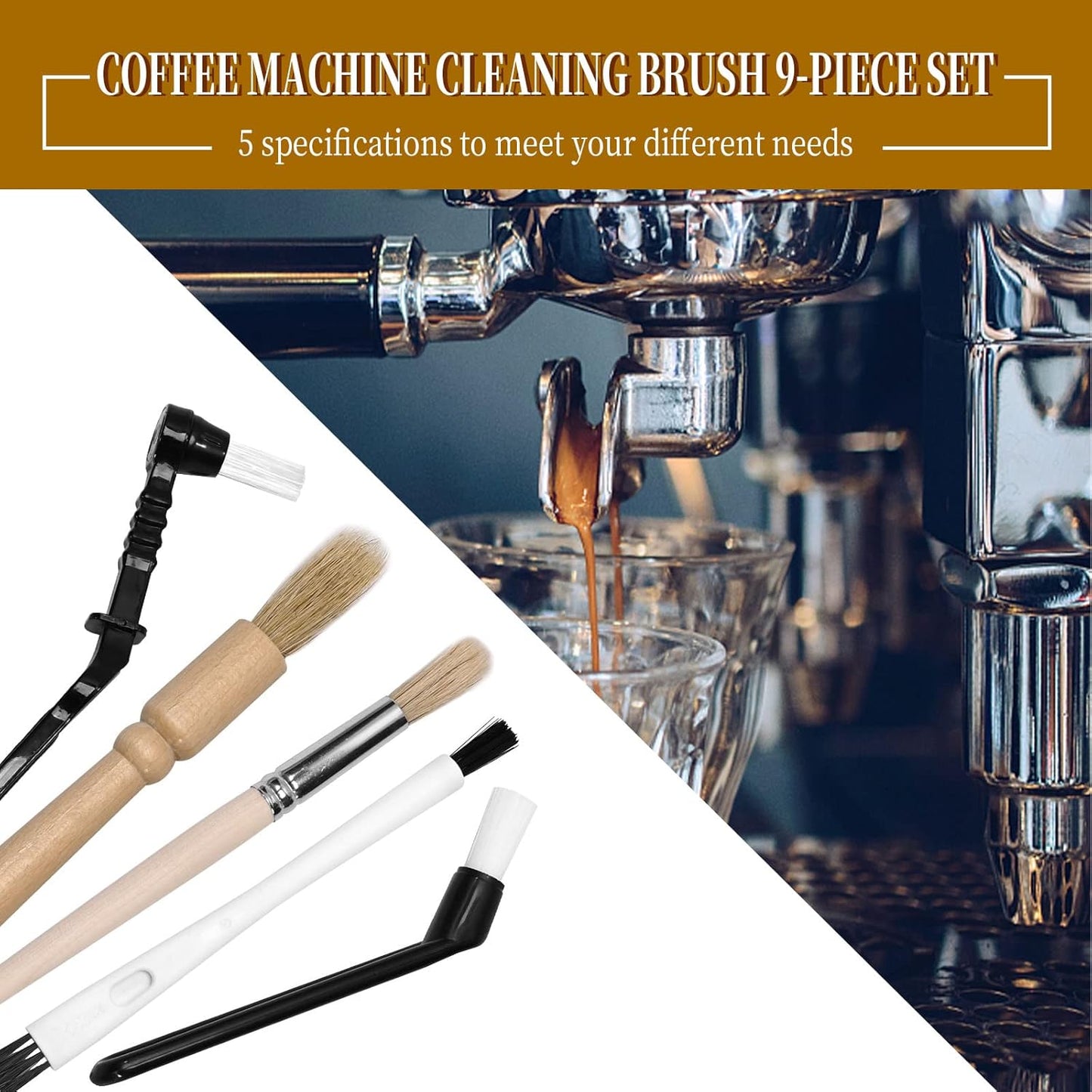 9PCS Coffee Machine Cleaning Brush Grinder Wooden Cleaning Brush Coffee Machine Head Brush Coffee Brush, Black Handle Coffee Machine Brush, Two in one Coffee Machine Brush with Spoon