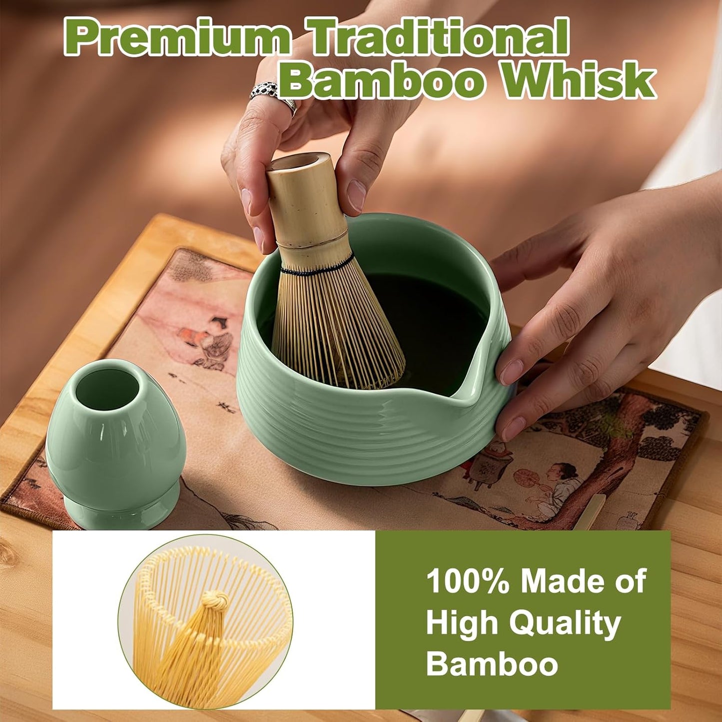 Matcha whisk Set, 8 PCS Ceramic Matcha Kit, Matcha Tea Set with Whisk, Ceramic Bowl, Sifter, Scoop, Holder, Stand, and Tea Towel, Gift for Matcha Lover