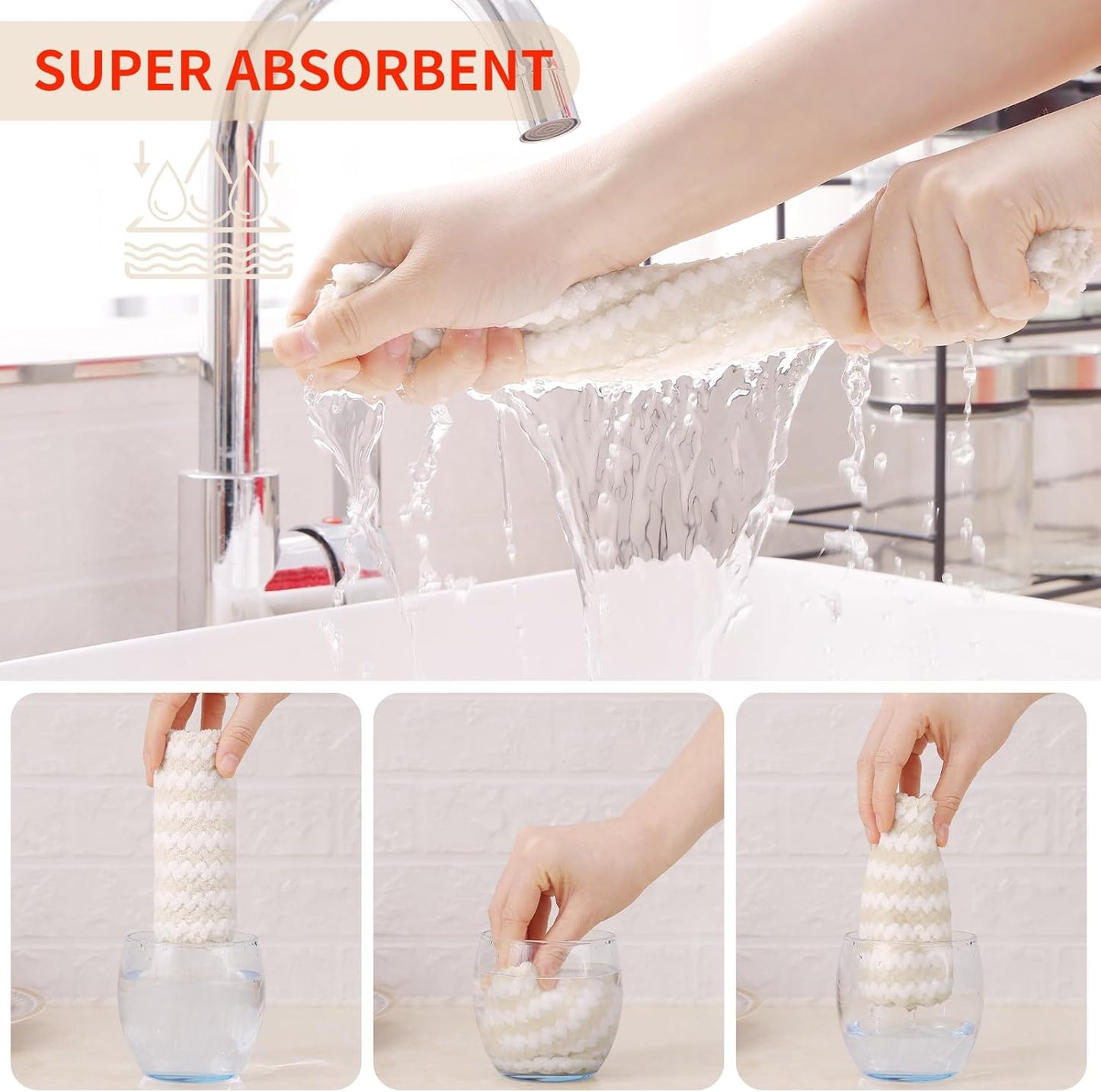 Homaxy Kitchen Towels(24 Pack, 10 x 20 inches), Ultra Soft and Absorbent Dish Towels, Reusable Fast Drying Microfiber Cleaning Cloth, Coral Velvet Wave Design No-lint, Beige