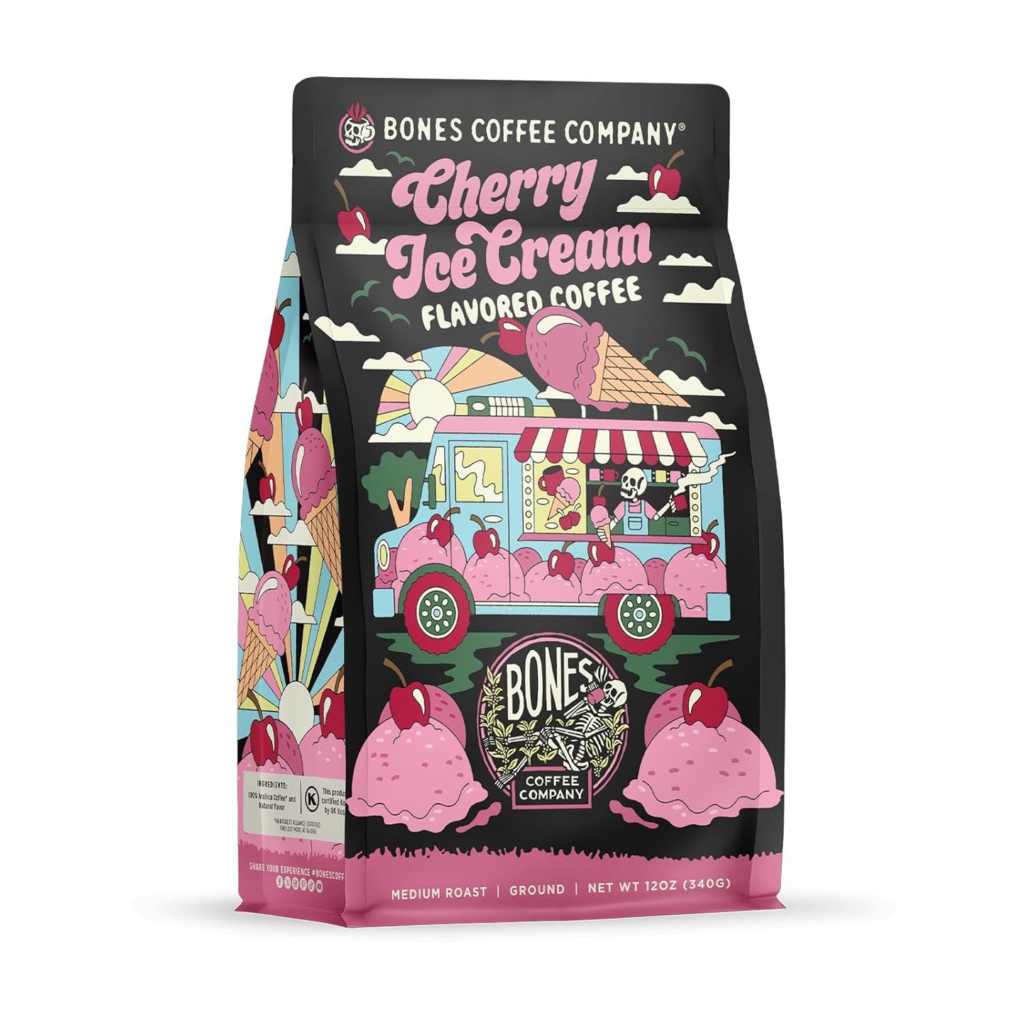 Bones Coffee Company Cherry Ice Cream Flavored Coffee, Medium Roast Low Acid Arabica Beans Compatible with Auto drip and French Press Coffee Maker, 12 Oz Ground