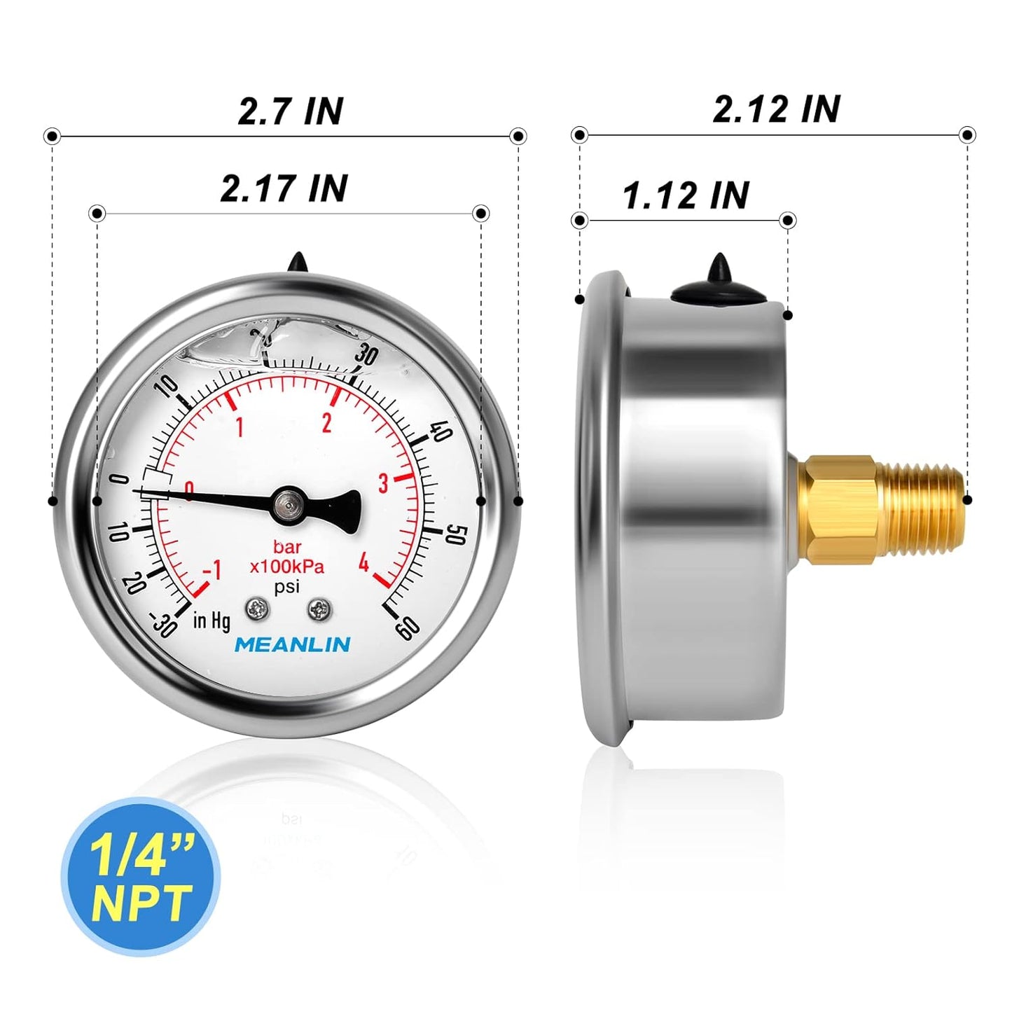 MEANLIN MEASURE -30inHG~60Psi Stainless Steel 1/8" NPT 2.5" FACE DIAL Vacuum Pressure Gauge, Center Back Mount, with 1/4" NPT and 3/8" NPT Hex Bushing