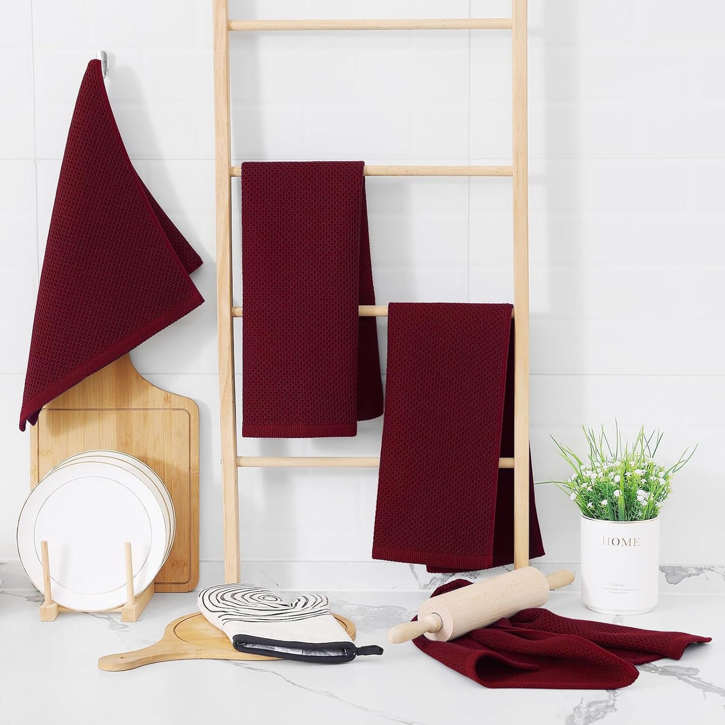 Homaxy 100% Cotton Waffle Weave Kitchen Dish Towels, Ultra Soft Absorbent Quick Drying Cleaning Towel, 13 x 28 Inches, 8-Pack, Burgundy