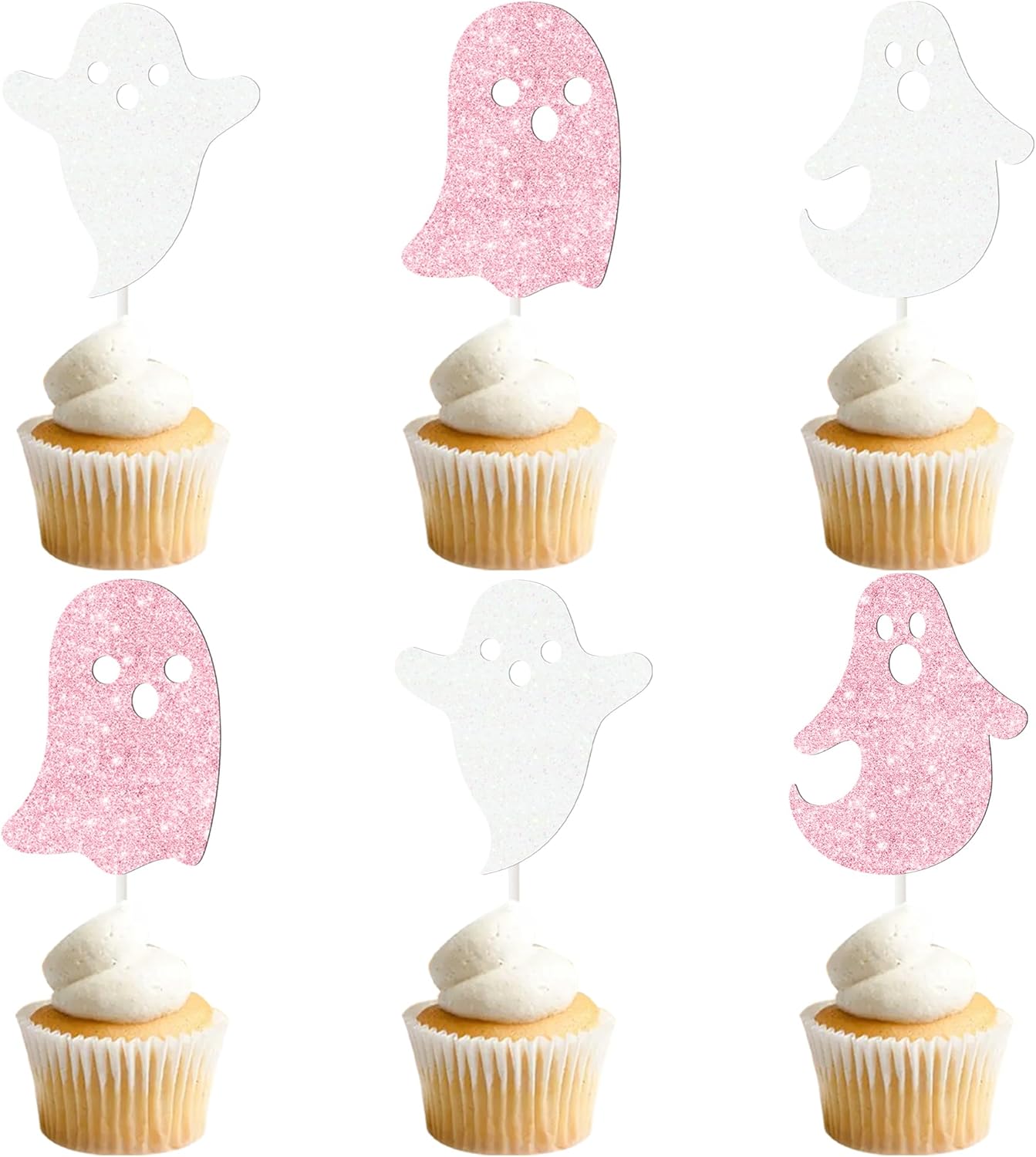 Halloween Ghost Cupcake Decoration 24Pcs Ghost Cupcake Toppers Double Sided Glitter White Pink Halloween Birthday Baby Shower Supplies for Ghost Boo Theme Party Cake Decor