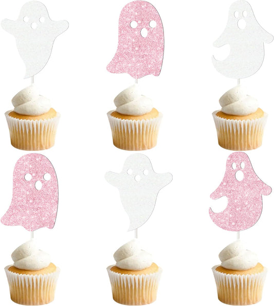 Halloween Ghost Cupcake Decoration 24Pcs Ghost Cupcake Toppers Double Sided Glitter White Pink Halloween Birthday Baby Shower Supplies for Ghost Boo Theme Party Cake Decor