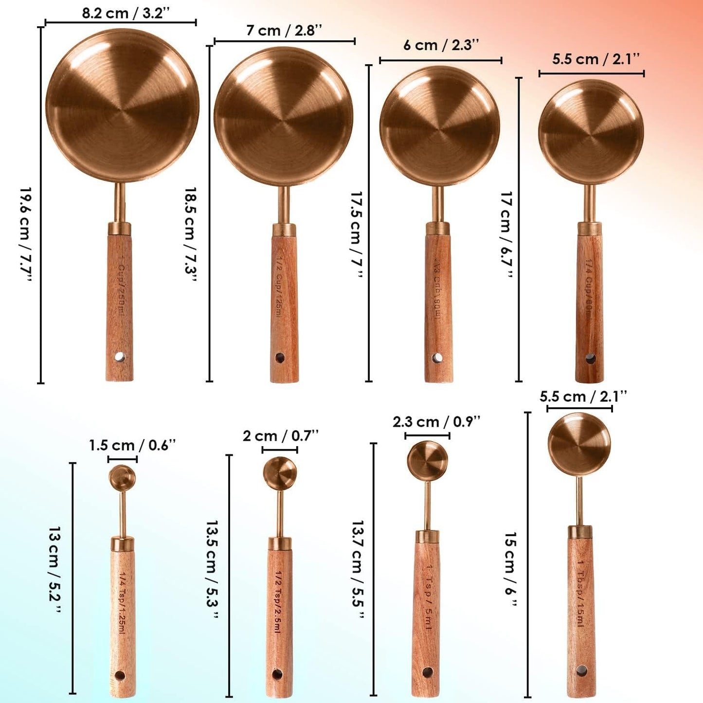 Collection 8 Piece Rose Gold Measuring Cups Set and Measuring Spoons, Golden With fragrant wood Handles-Complete Set of Measure Cups and Spoons For Cooking and Baking.