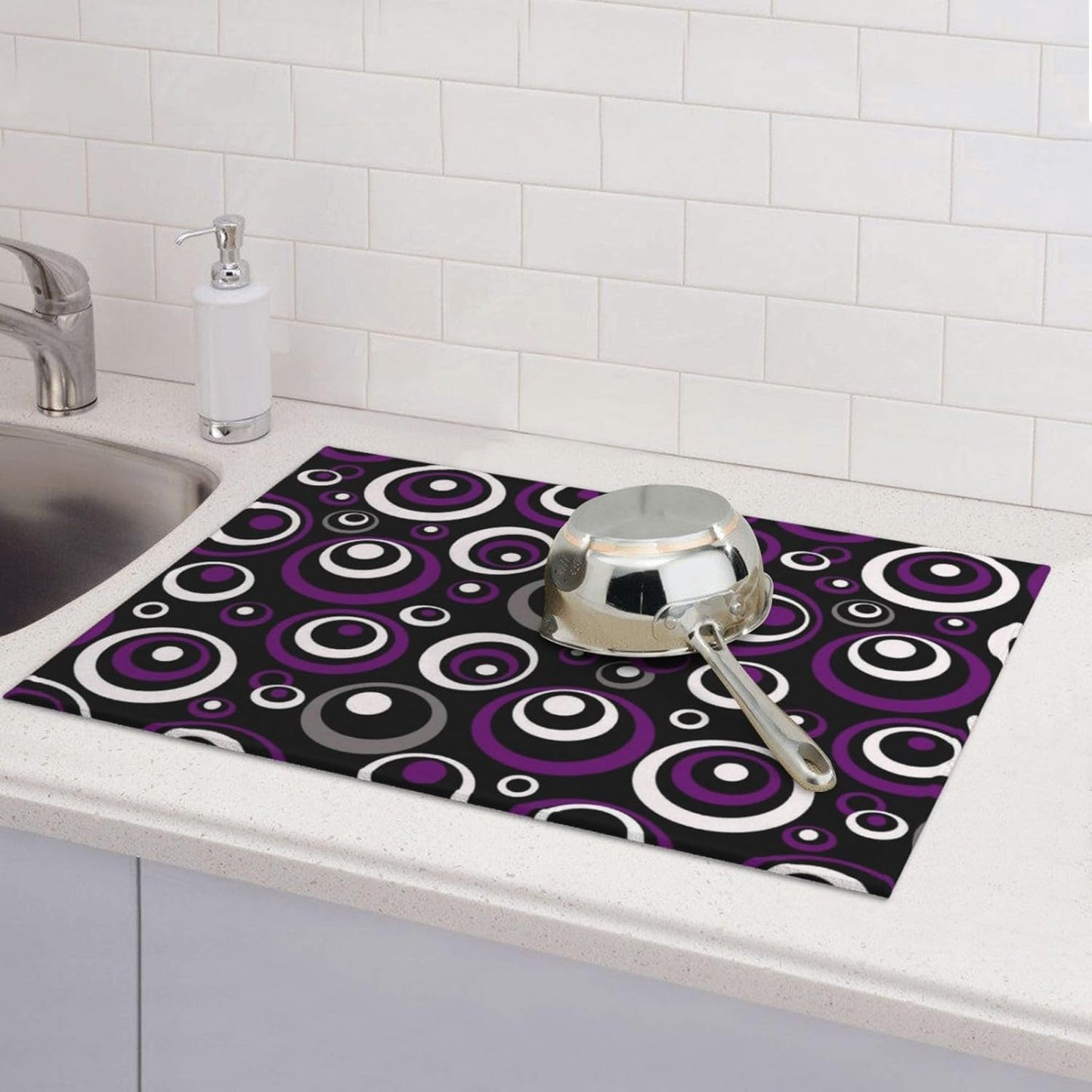 Purple Black White Geometric Circle Pattern Dish Drying Mat for Kitchen Counter, 18x24 inch Absorbent Reversible Microfiber Kitchen Countertop Protector Dishes Drying Pad for Dishes, Sink, Coffee Bar