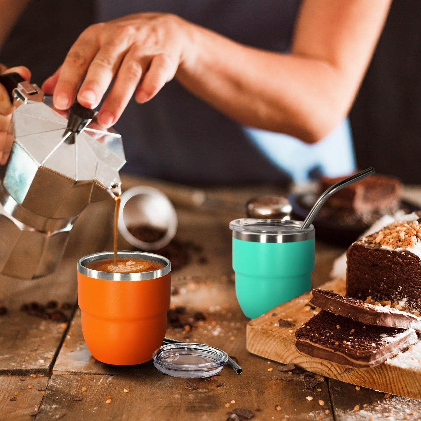 4oz Stackable Cup, Vacuum Insulated Espresso Cup Set of 2, Espresso Shot Glass for Coffee, Double Wall Stainless Steel Mini Tumbler Shot Glasses with Straw and Lid (A-red2P, 4oz)