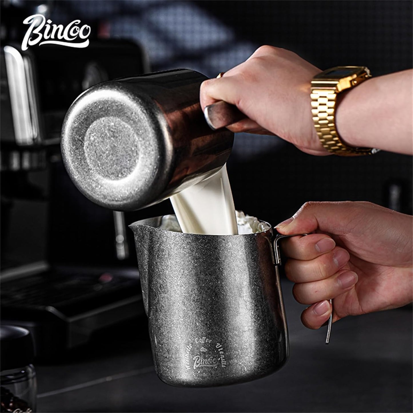 Bincoo Milk Frother Pitcher 500ml(17oz) - Stainless Steel Barista Milk Frothing Cup with Ice Crystals Design - Professional Espresso & Cappuccino for Coffee Machine,Latte Art