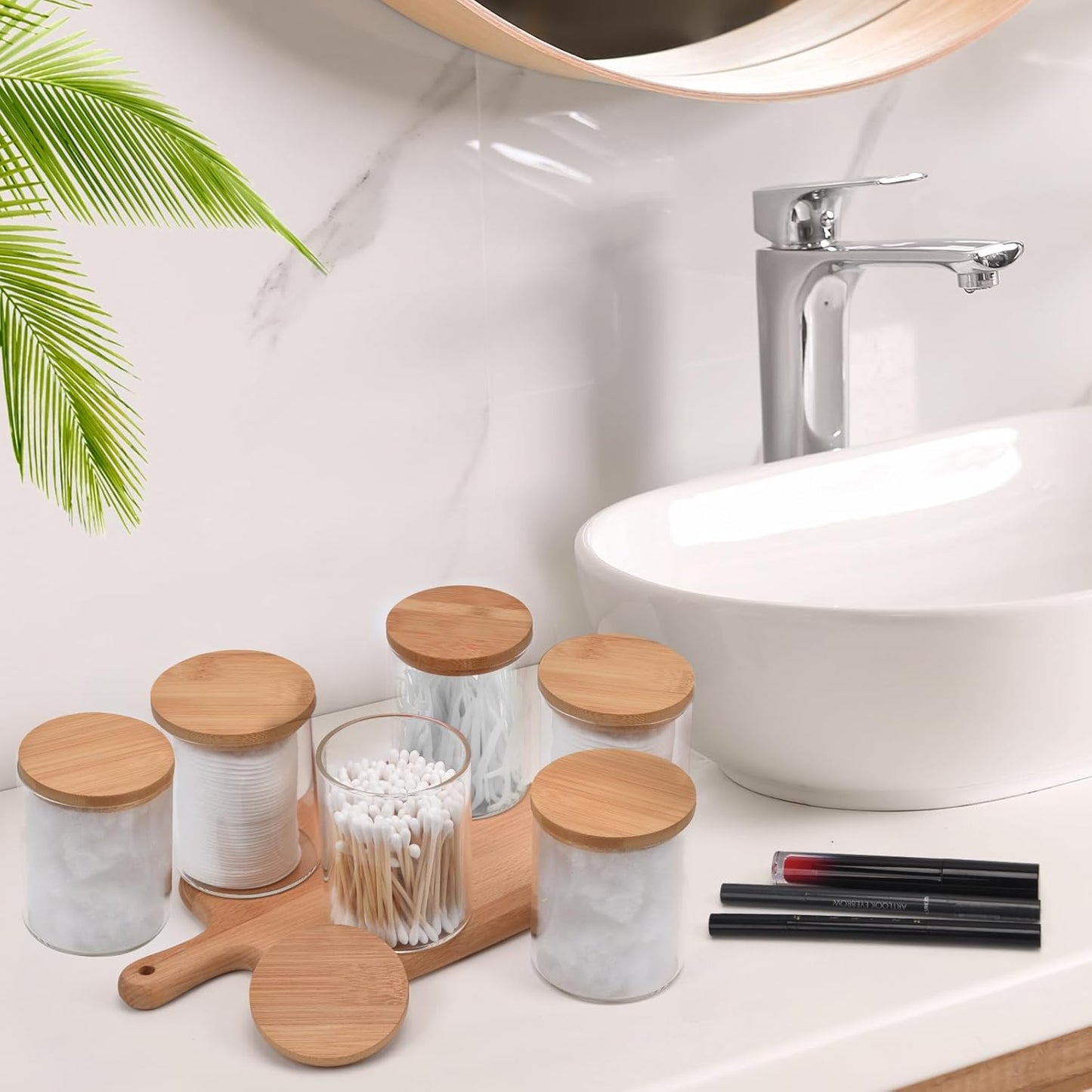 6 Pack Glass Qtip Holder Dispenser Set - Apothecary Jars with Lids for Vanity Makeup Organizer - Bathroom Canister Storage Organizer for Cotton Ball, Cotton Swab, Cotton Round Pads,Floss
