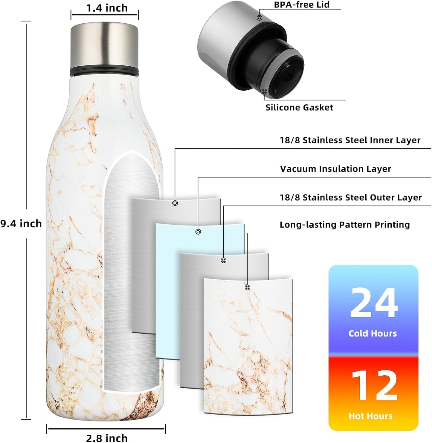 BJPKPK Insulated Water Bottles, 18 oz Stainless Steel Metal Water Bottle with Strap, BPA Free Leak Proof Thermos, Mugs, Flasks, Reusable Water Bottle for Sports & Travel, Marble-Amber