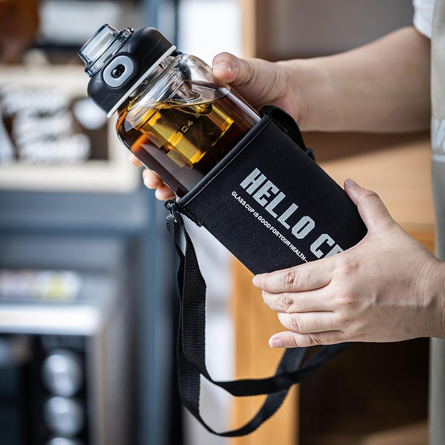 34oz tea bottle with infuser - Large Capacity Glass Water Bottle, With Time Mark, Stainless Steel Tea Strainer,Sleeve, BPA Free,For hot or cold drinks, coffee, tea and water