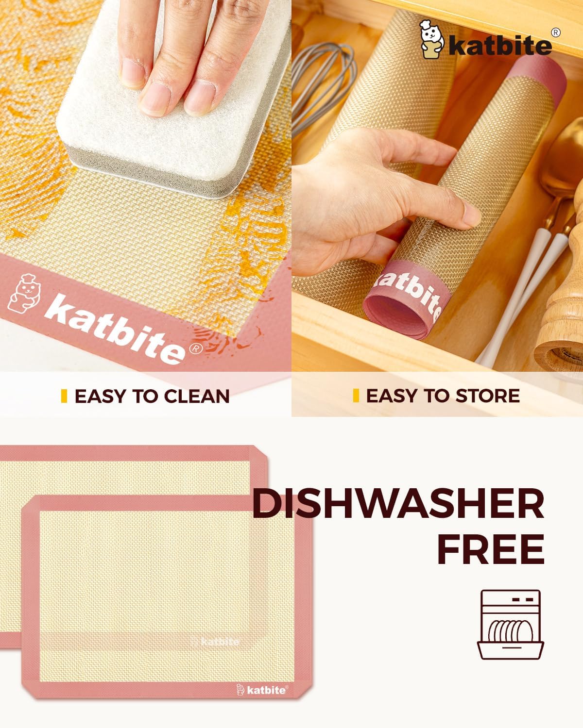 Katbite Silicone Baking Mat Colorful Collection - Set of 3: 2 Half Sheets Mats (11 5/8" x 16 1/2") + 1 Quarter Baking Sheet, Reusable & Nonstick Bakeware Mats for Cookies, Macarons, Bread (Pink)