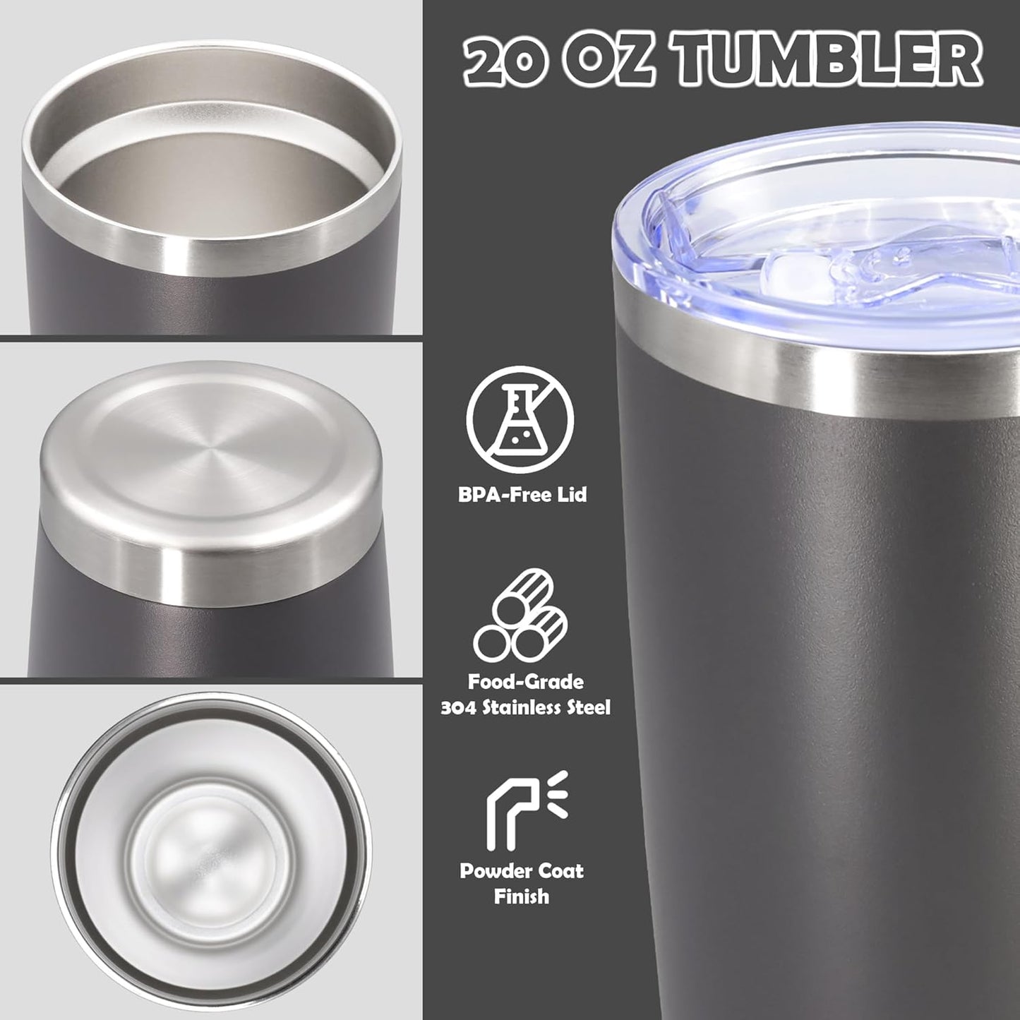 20oz Tumbler Stainless Steel Tumbler Cup with Lid Vacuum Insulated Double Wall Travel Mug, Durable Powder Coated Travel Coffee Tumbler Mug for Hot & Cold Drinks, Grey,4 Pack