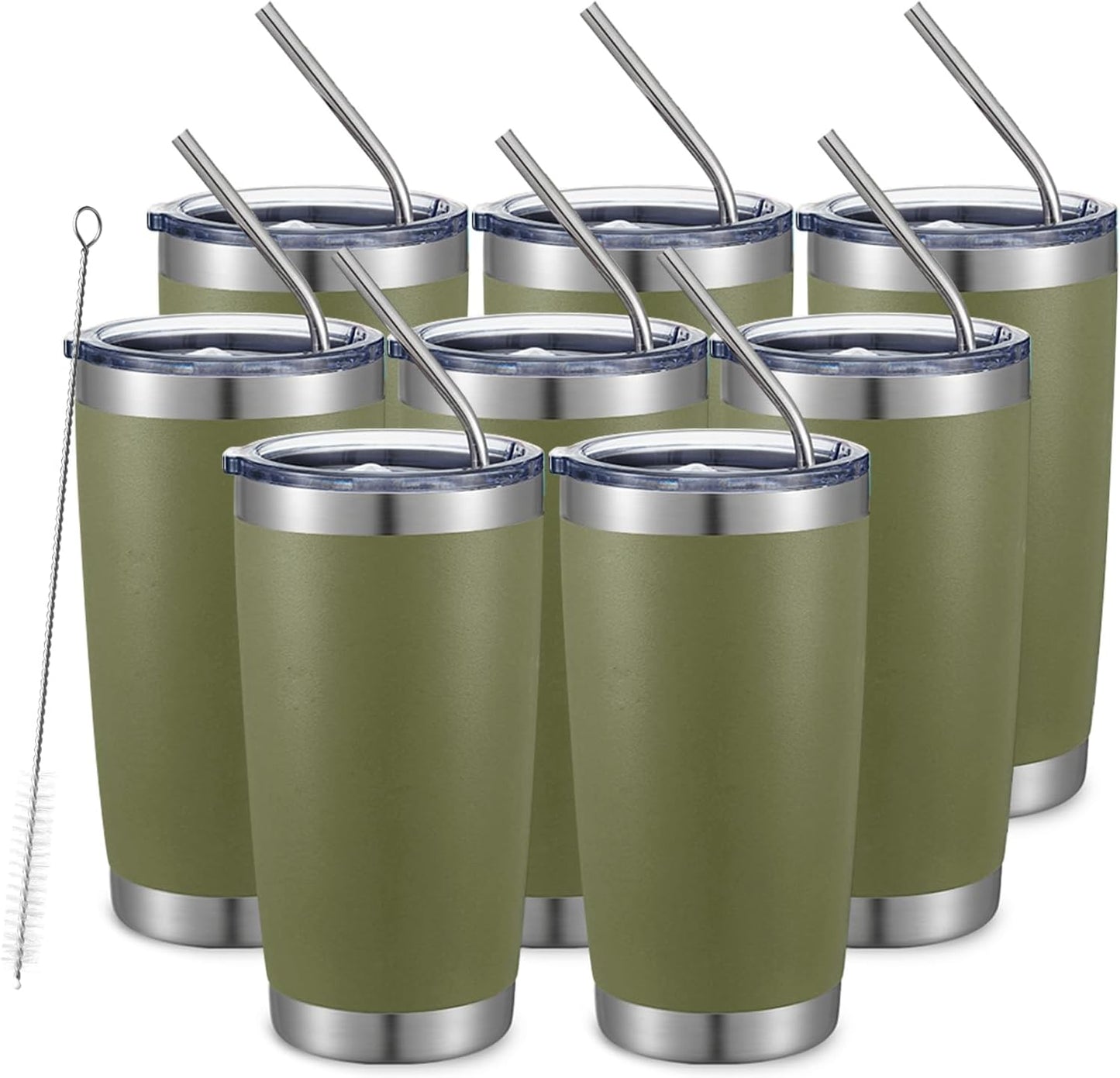 COMOOO 20oz Tumbler 8 Pack Double Wall Vacuum Insulated Travel Mug, Stainless Steel Tumbler with Lid and Straw Durable Powder Coated Insulated Coffee Cup for Cold & Hot Drinks,army green, 8 pack