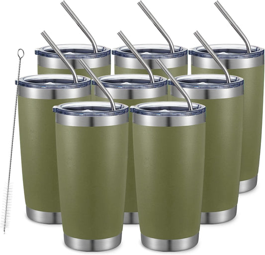 COMOOO 20oz Tumbler 8 Pack Double Wall Vacuum Insulated Travel Mug, Stainless Steel Tumbler with Lid and Straw Durable Powder Coated Insulated Coffee Cup for Cold & Hot Drinks,army green, 8 pack