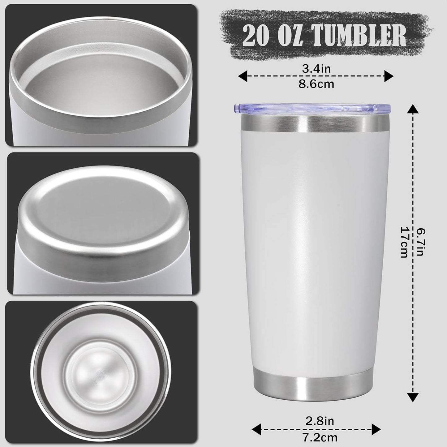 20 oz Tumbler Coffee Tavel Tumblers Bulk with Lid Stainless Steel Double Wall Vacuum Insulated Mug Powder Coated Cups fit Car Cupholder for Hot and Cold - White, 1Pack