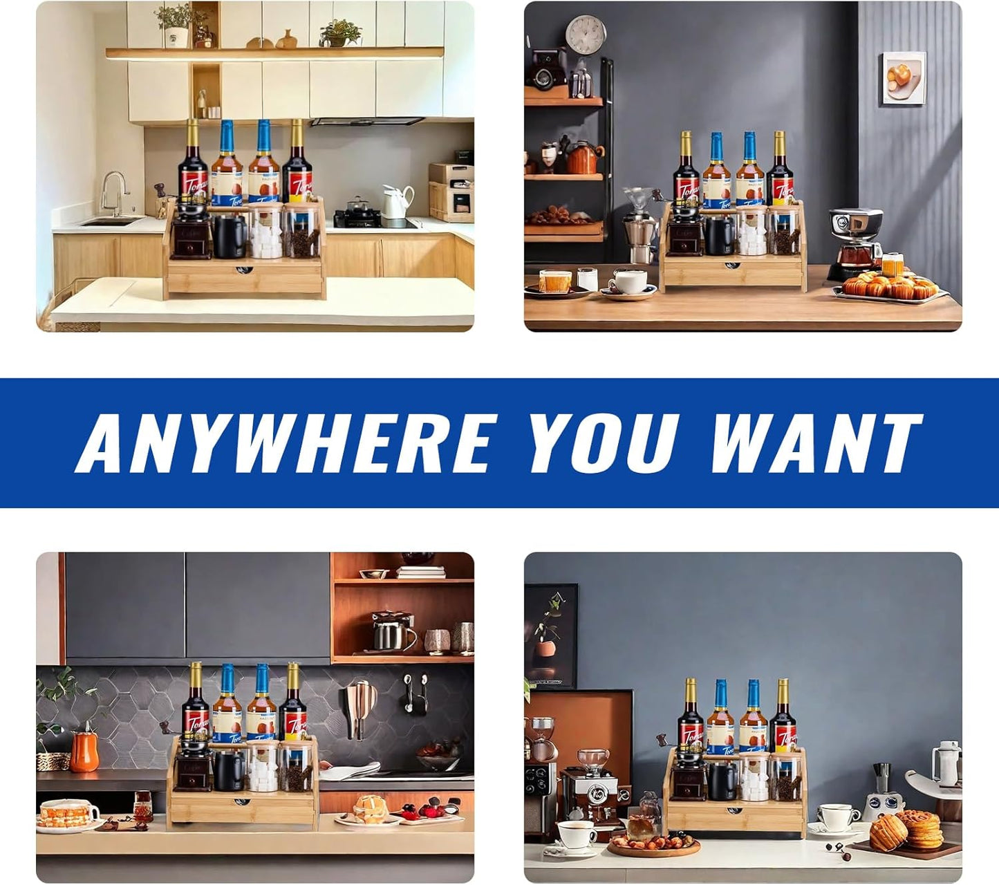 Bamboo Coffee Syrup Rack Organizer 3 Tier Rack with Cup Storage Box, Bottle Holder Stand for Syrups, Dressings, Kitchen Coffee Station, Natural