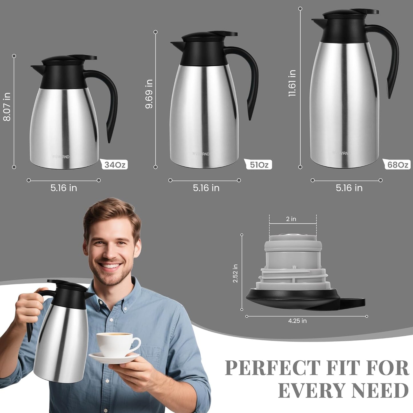 51 Oz Thermal Coffee Carafe, Stainless Steel Insulated Vacuum coffee crafts to keep coffee hot, 1.5 Liter Tea Water Coffee and Beverage Dispenser (Silver)