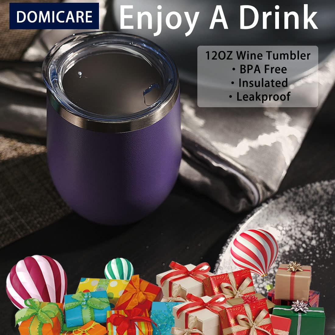 DOMICARE Stainless Steel Wine Tumbler Bulk with Lid, Personalized Insulated Tumblers Set, 12oz Travel Coffee Cups Pack of 8, Purple
