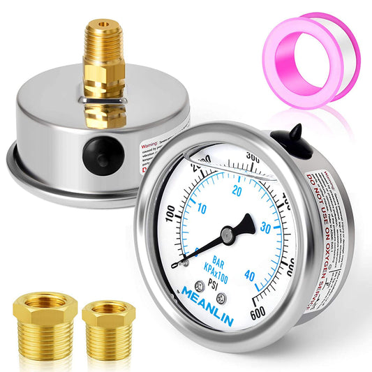 MEANLIN MEASURE 0~600Psi Stainless Steel 1/4" NPT 2.5" FACE DIAL Liquid Filled Pressure Gauge WOG Water Oil Air Center Back Mount, with 1/2" NPT and 3/8" NPT Hex Bushing