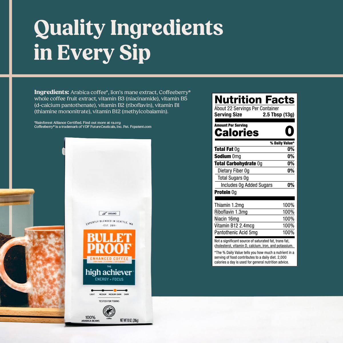 Bulletproof The High Achiever Ground Mushroom Coffee, 10oz (Pack of 3), High Caffeine with Lion's Mane, B Vitamins and Adaptogens for Energy & Focus, Medium-Dark Roast