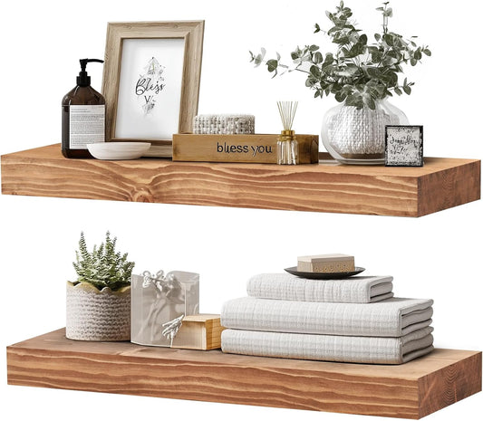 24x8x1.6 inch Floating Shelves Set of 2 – Solid Wood Rustic Oak Wall Mounted Shelf for Kitchen, Bathroom, Living Room