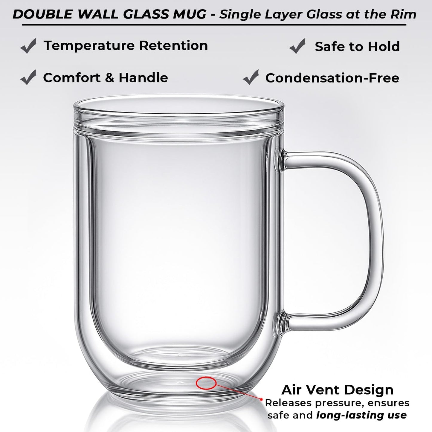 Aquach 16 Oz Double Walled Glass Coffee Mugs, Clear Glass Coffee Tea Cups, Microwave and Dishwasher Safe Home Office Insulated Glass Cups Perfect for Americano Latte Hot&Cold Beverages, 2-Pack