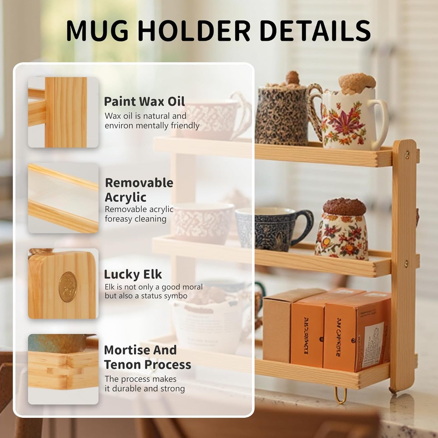 Coffee Mug Holder Wooden Cup Rack,3-Tier Acrylic Home Mug Display Rack for Kitchen Countertops Coffee Beans, Syrup, Cups, Stirrers