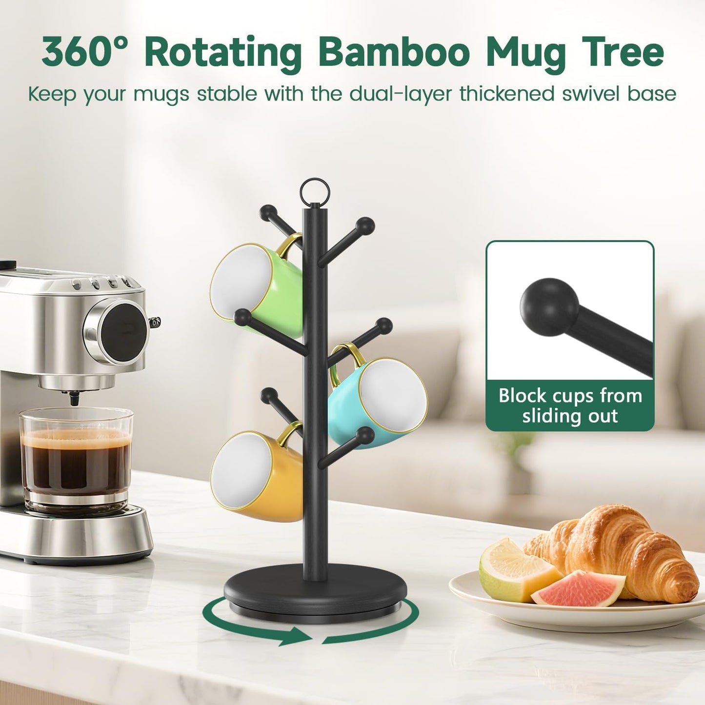 EsLuker.ly Mug Holder Tree Bamboo 360° Rotating Coffee Cup Display Rack with 6 Hooks for Home Kitchen Counter, Upgrade Wood Mug Stand Station Organizer, Building Your Dream Coffee Corner, Black