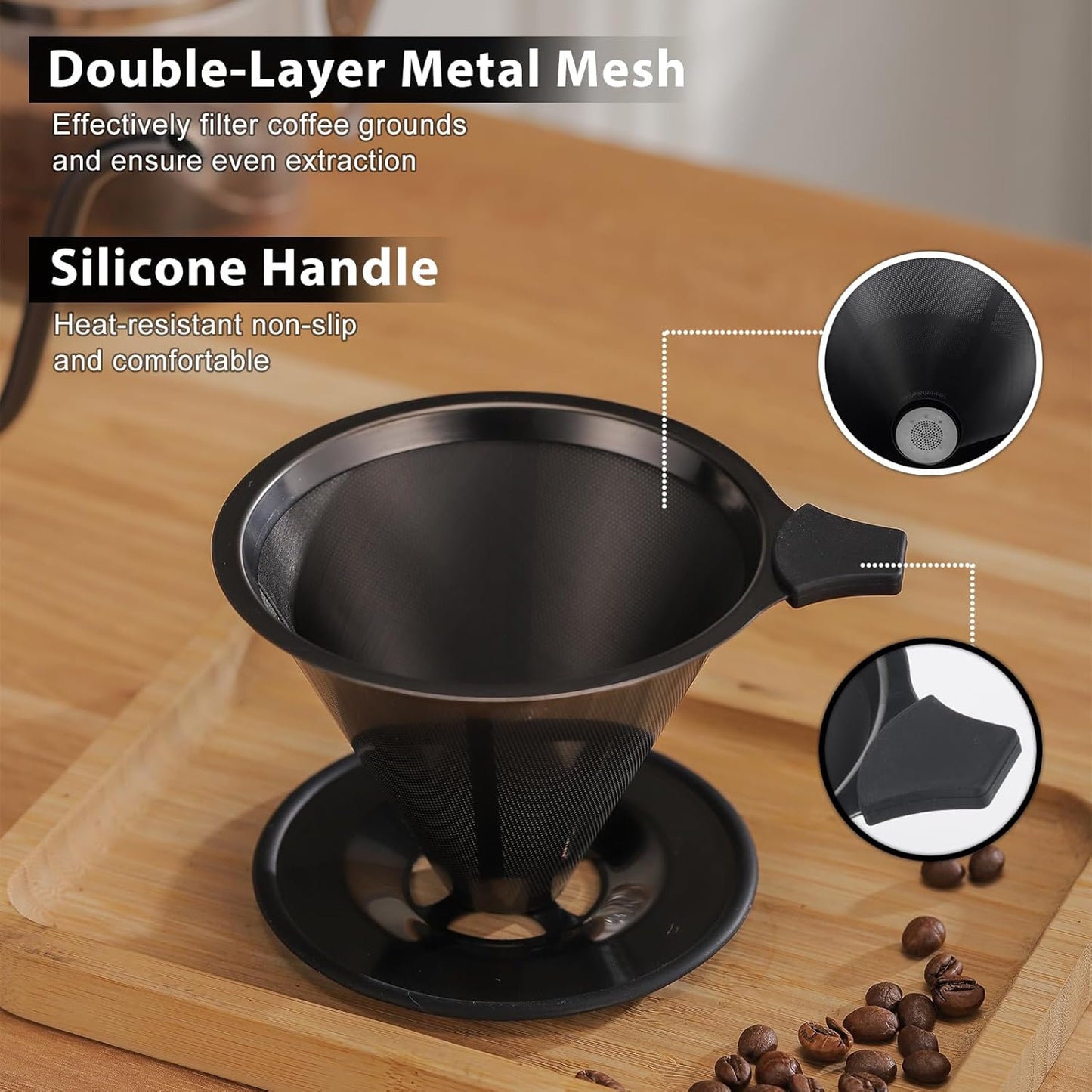 Pour Over Coffee Maker INSINTAR Stainless Steel Pour Over Drip Coffee Filter Paperless Coffee Strainer Reusable Single Cup Coffee Maker 1-4 Cup (Titanium Black)