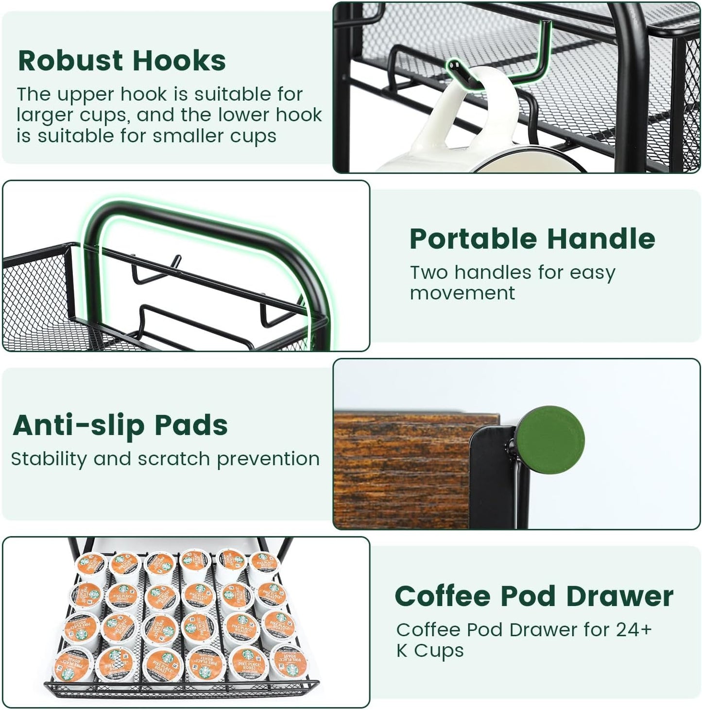 Coffee Bar Organizer, Station Mug Holder for Countertop, Multi-Functional 3 Tier Coffee Cup Tree Rack for Kitchen, Storage Shelf with 10 Hooks, K Cup Pod Organizer Drawer for Home Office