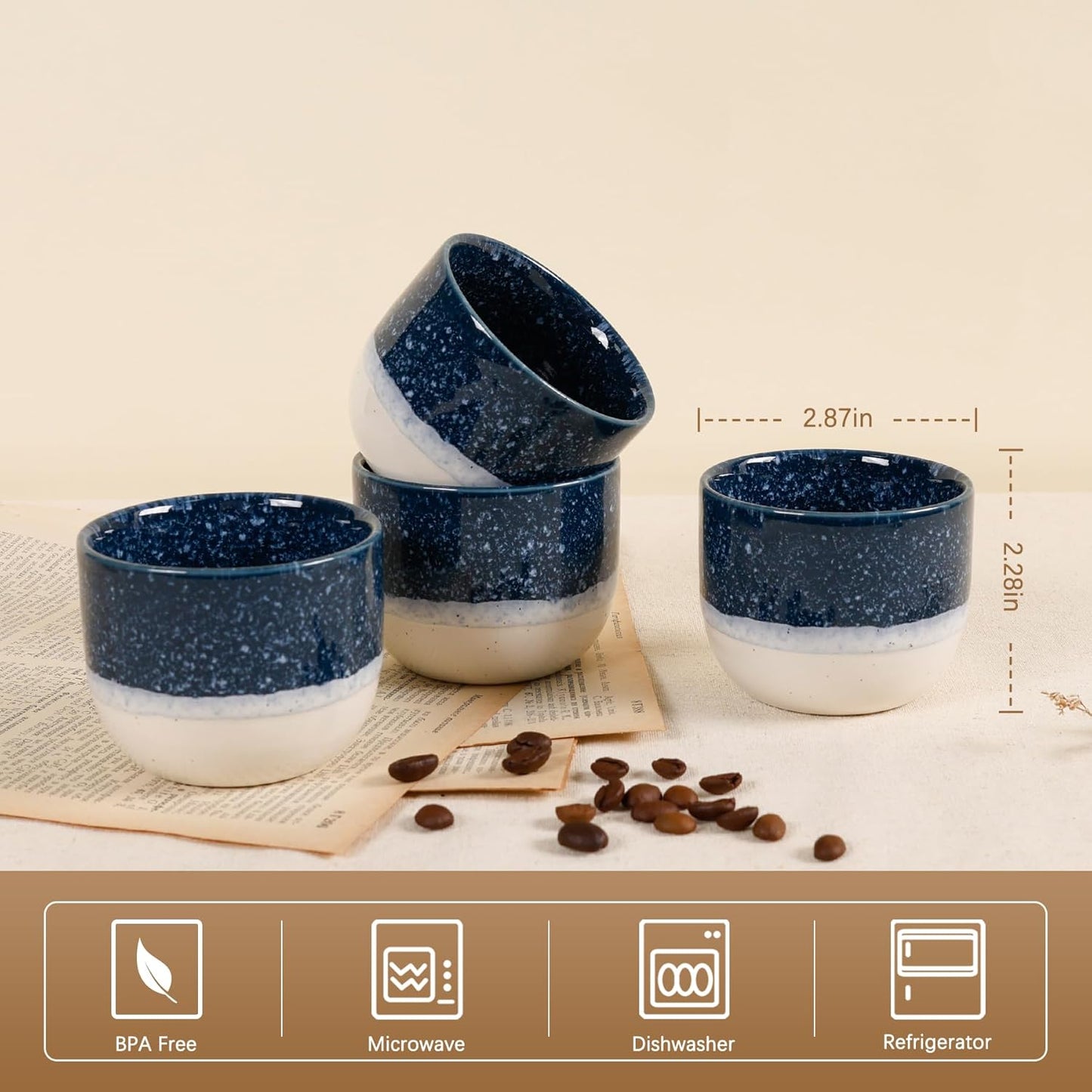 Ceramic Espresso Cups Set of 4, Double Walled Espresso Coffee Mugs for Nespresso Cups, Special glazed Demitasse Cups Coffee Cup for Machine (Blue)