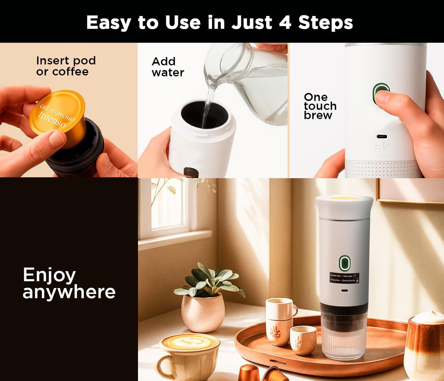 3-in-1 Portable Coffee Maker – Electric Espresso Machine for Travel – Compatible with Ground Coffee, NS & DG Capsules – USB-C Rechargeable Portable Espresso Maker (White)