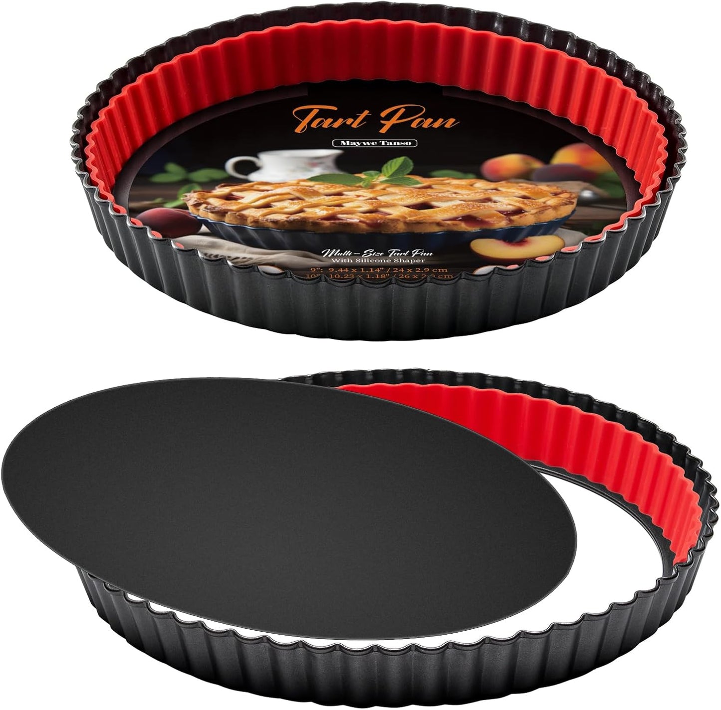 Tart Pan with Removable Bottom,9 Inch 10 Inch Tart and Quiche Pan,Non-stick Round Carbon Steel Deep Fluted Pie Pan with Crust Shaper Ring - Quiche Baking Dish Tart Pans For Baking,Set of 2