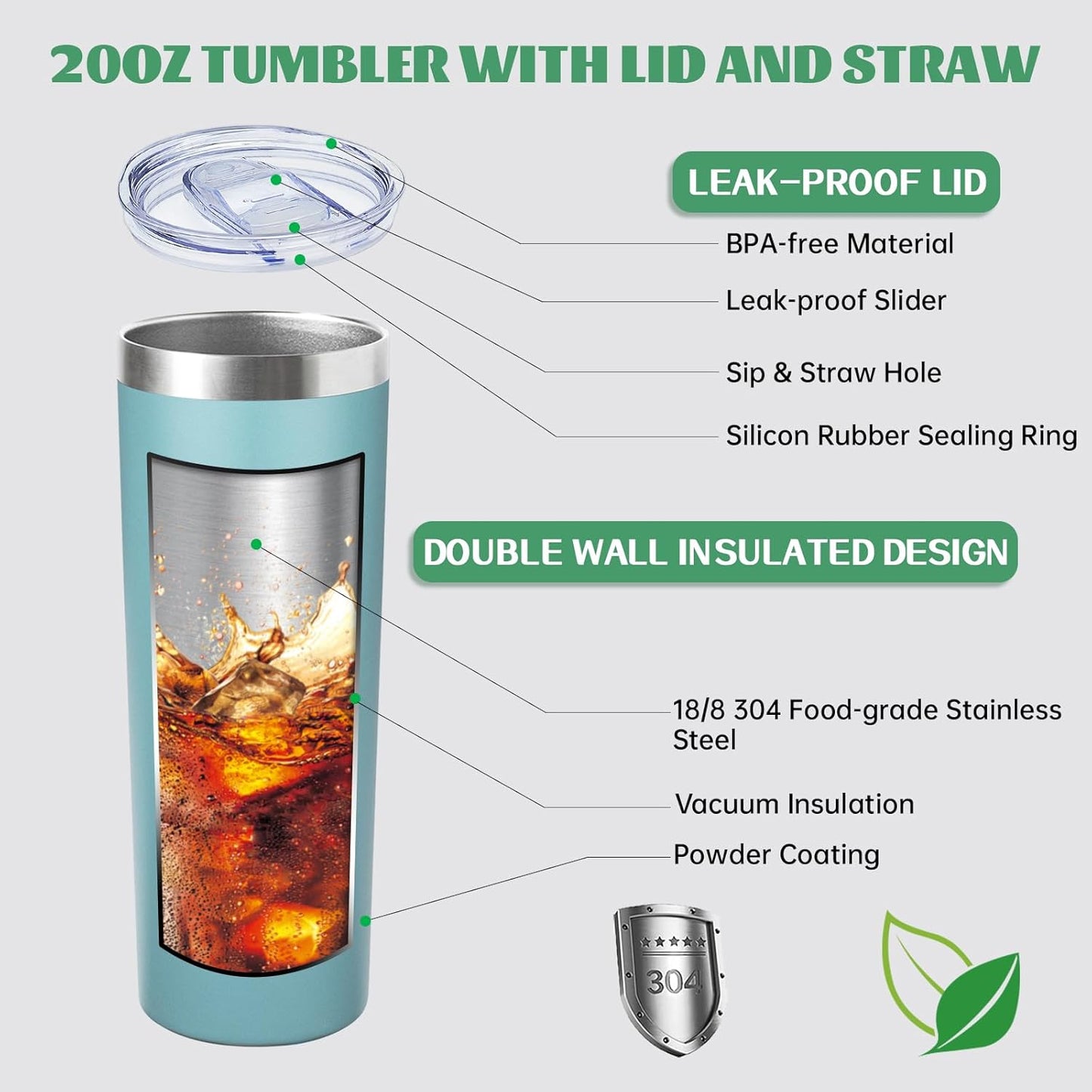 20 oz Skinny Tumblers with Lid and Straw,Stainless Steel Vacuum Insulated Tumbler Cup Double Wall Travel Coffee Mug, Thermal Water Tumbler for Hot and Cold Drinks(Glacier blue,4)